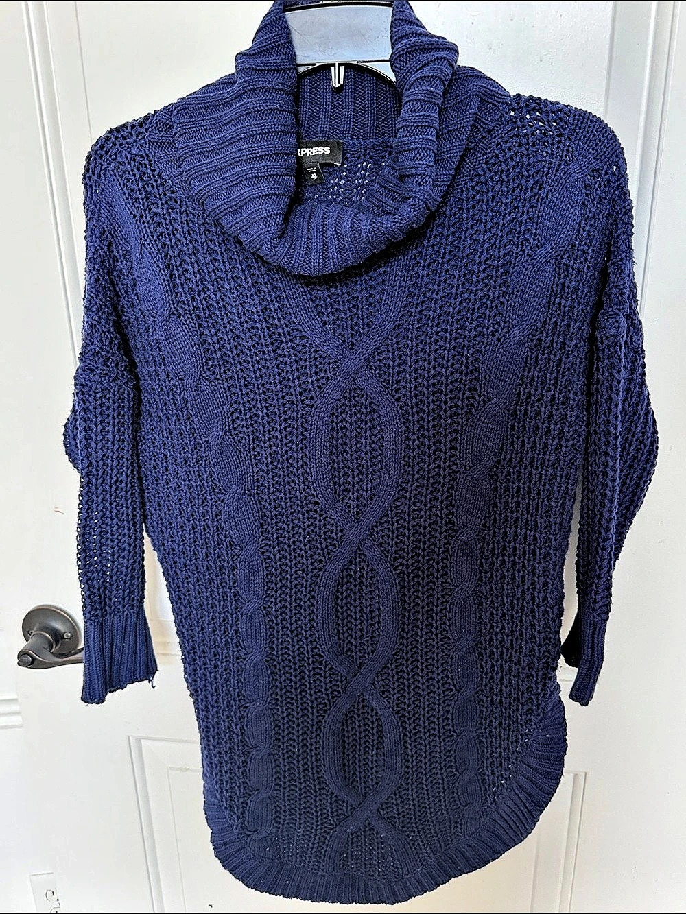 Express Cable Knit Cowl Neck Sweater in Blue XS